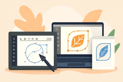 A digital illustration of vector tracing tools, including a tablet, laptop, and paper with a vector logo design