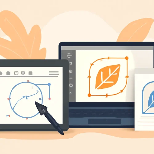A digital illustration of vector tracing tools, including a tablet, laptop, and paper with a vector logo design